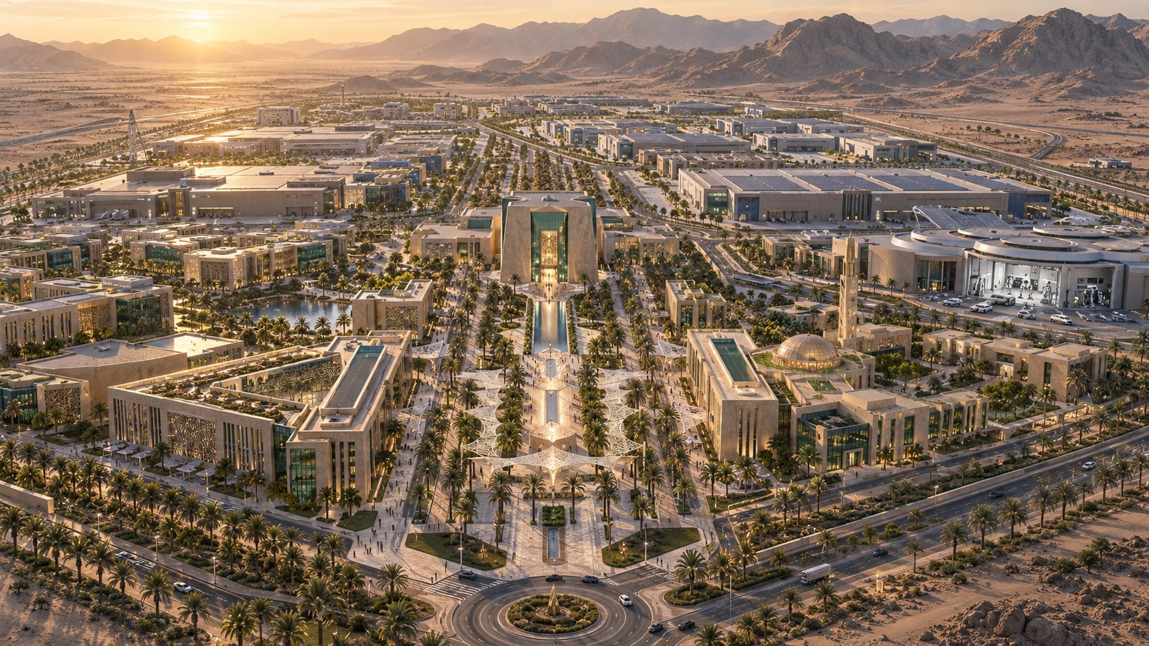 تصور معماري شامل لمدينة تمكين بمرافق صناعية وبحثية وتعليمية مترابطة